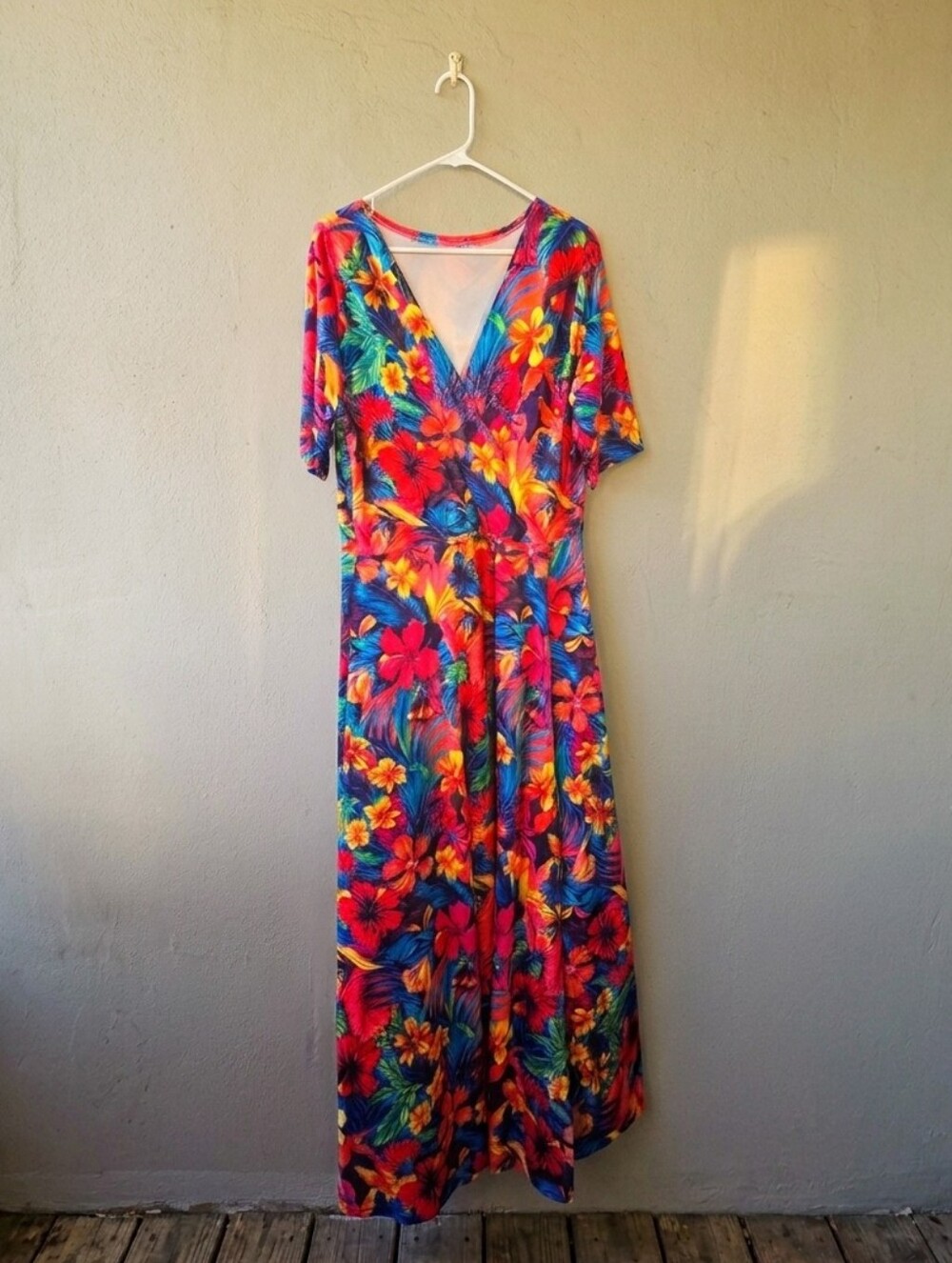 Vibrant Tropical Floral Faux Wrap Long Maxi Dress Vacation (Fits Like a) 1x 2x